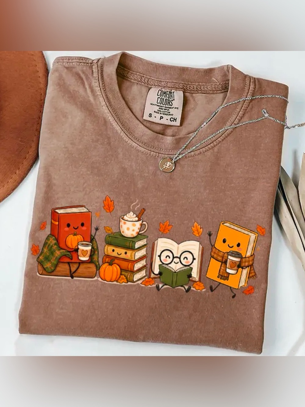 Cozy Fall Autumn Books Coffee Mocha Comfort Colors Graphic Tee